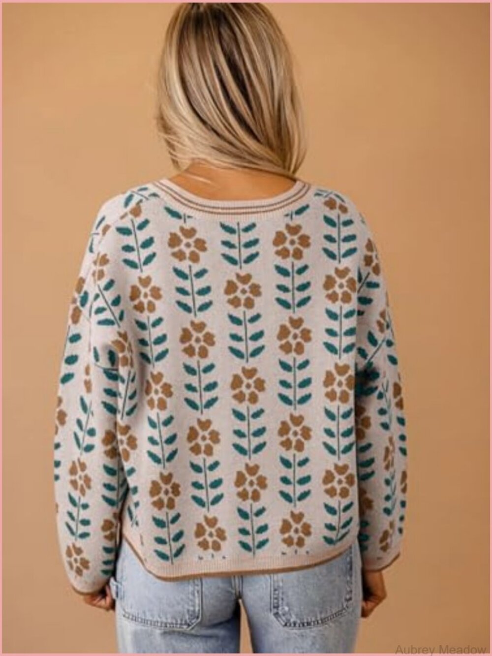 Floral Print V-Neck Cardigan Open Front Button Down Knit Sweater Long Sleeve - Picture 3 of 7